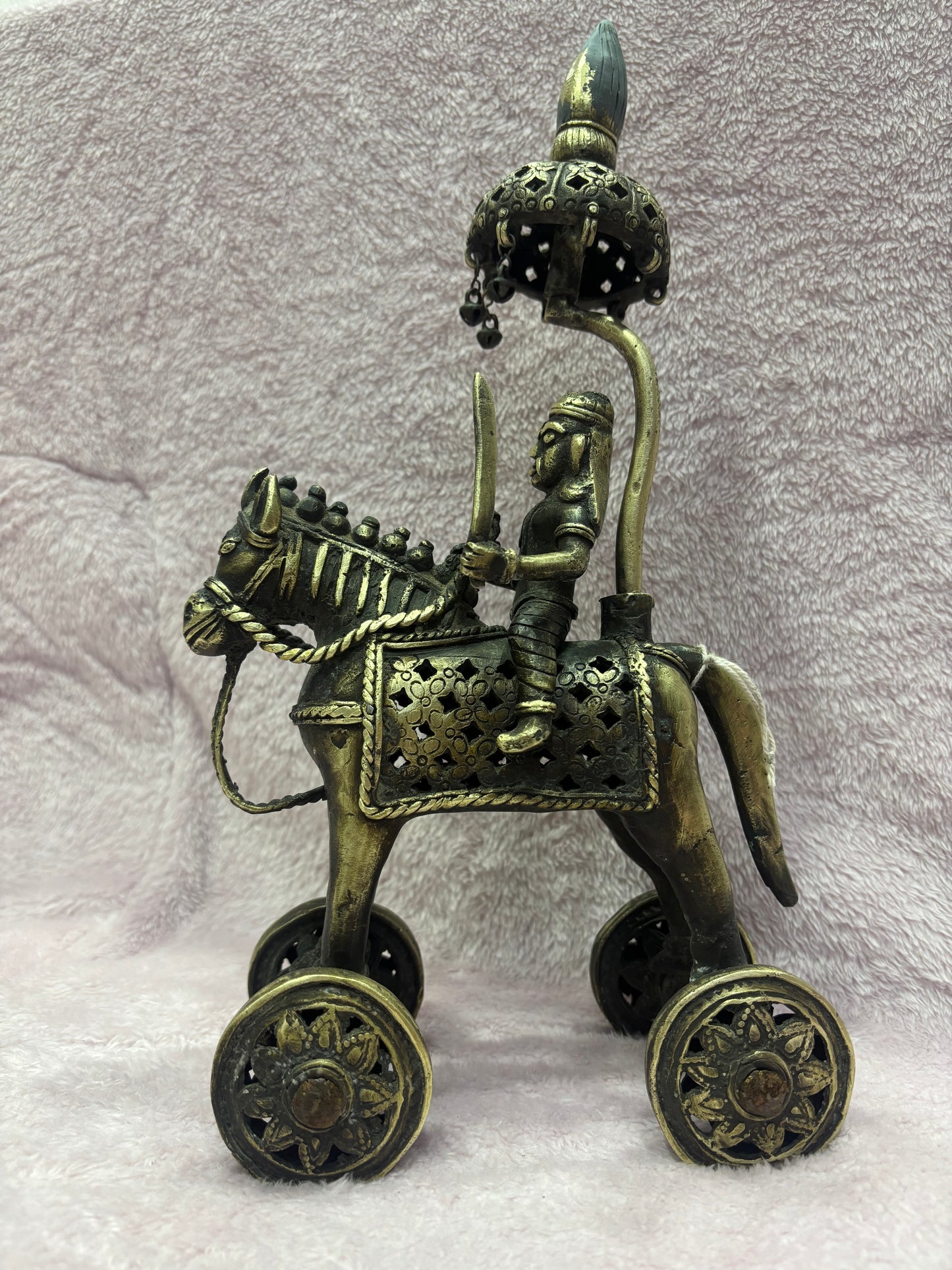 Z .ANTIQUE FORM STATUES OF A HORSE WITH SOLDIER RIDER