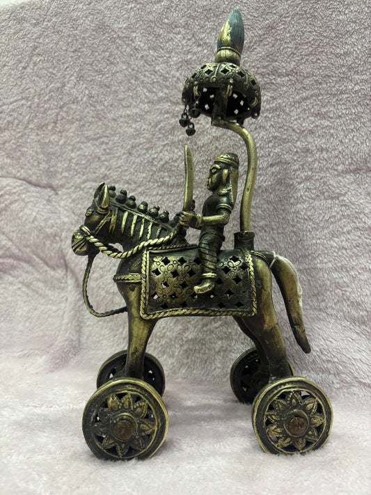 Z .ANTIQUE FORM STATUES OF A HORSE WITH SOLDIER RIDER