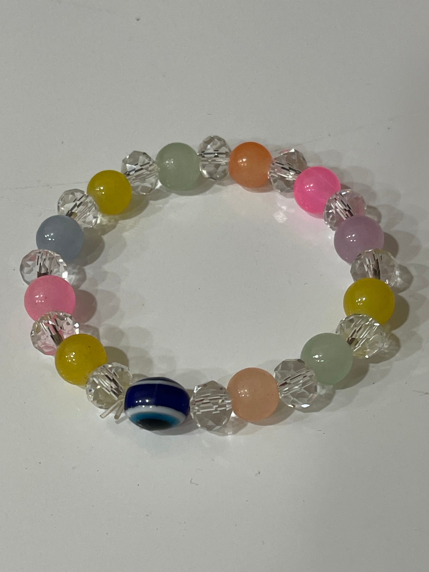 BEAUTIFUL BEADS BRACELET IN MULTI PASTEL COLOUR WITH EVIL EYE BEAD.