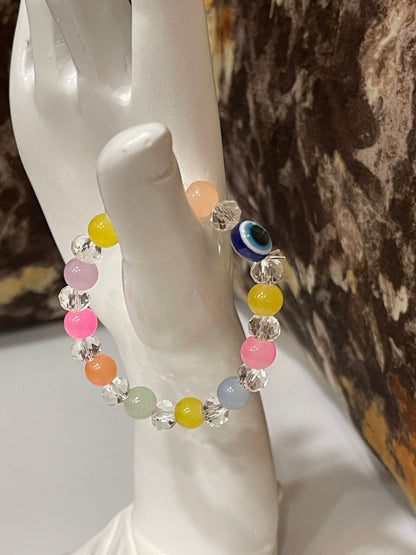 BEAUTIFUL BEADS BRACELET IN MULTI PASTEL COLOUR WITH EVIL EYE BEAD.