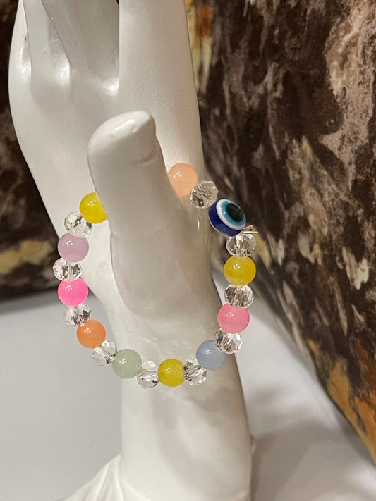 BEAUTIFUL BEADS BRACELET IN MULTI PASTEL COLOUR WITH EVIL EYE BEAD.