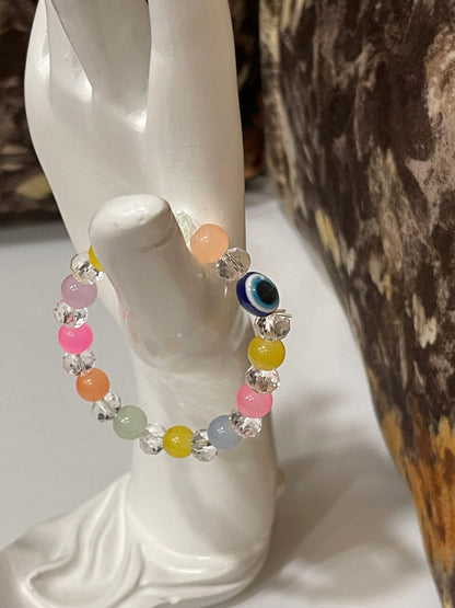 BEAUTIFUL BEADS BRACELET IN MULTI PASTEL COLOUR WITH EVIL EYE BEAD.
