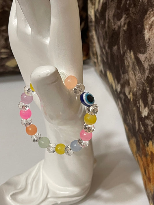 BEAUTIFUL BEADS BRACELET IN MULTI PASTEL COLOUR WITH EVIL EYE BEAD.