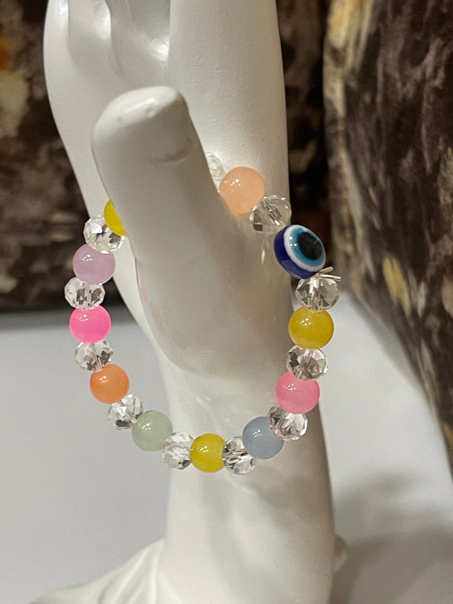 BEAUTIFUL BEADS BRACELET IN MULTI PASTEL COLOUR WITH EVIL EYE BEAD.