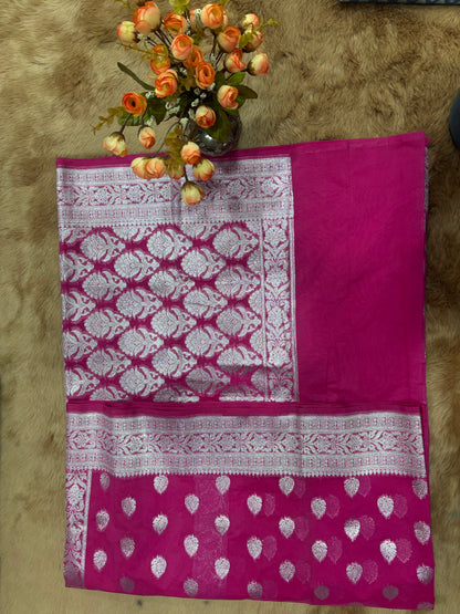 A:CHARMING FUCHSIA PINK GEORGETTE SAREE WITH BANARASI ZARI  WORK