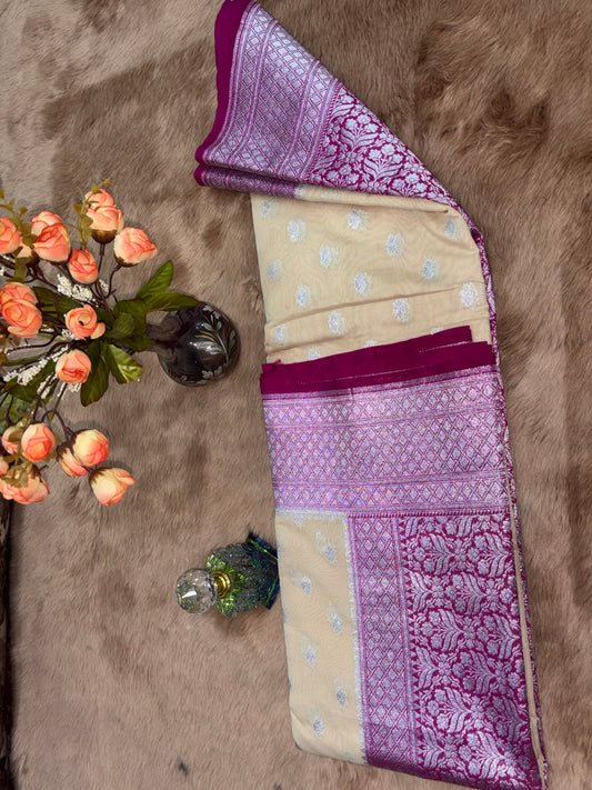 A: BEIGE AND FUCHSIA PINK HEAVY BANARASI GEORGETTE SAREE