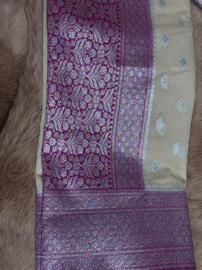 A: BEIGE AND FUCHSIA PINK HEAVY BANARASI GEORGETTE SAREE