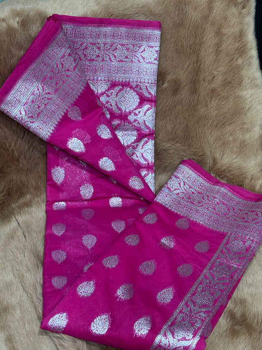 A:CHARMING FUCHSIA PINK GEORGETTE SAREE WITH BANARASI ZARI  WORK