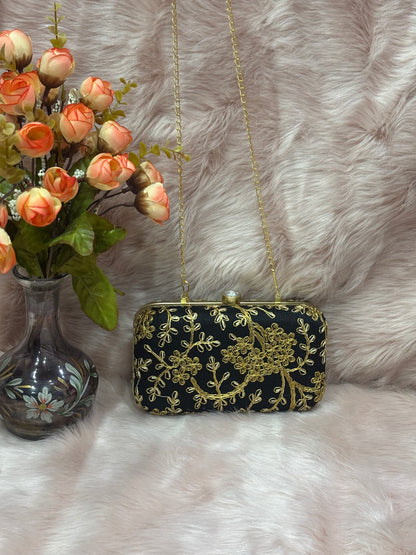 GOLDEN ZARI EMBRIODERY WORK BLACK CLUTCH