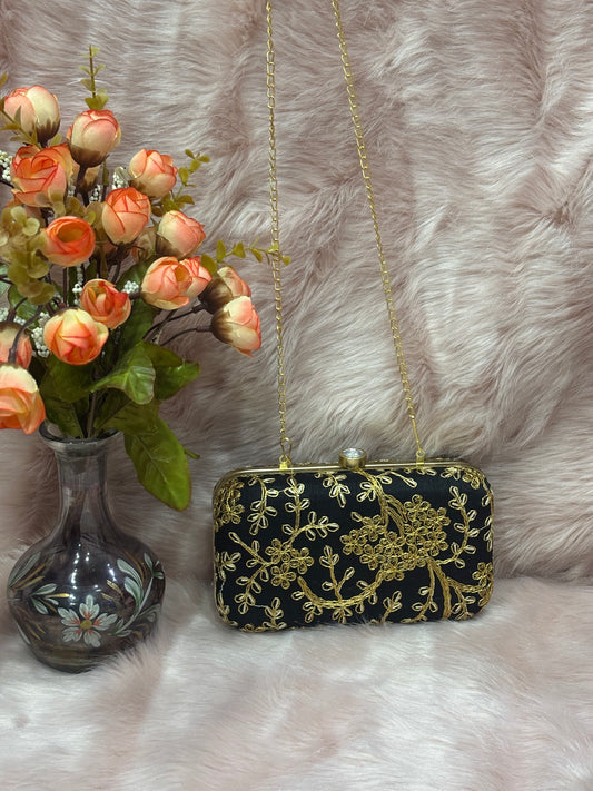 GOLDEN ZARI EMBRIODERY WORK BLACK CLUTCH