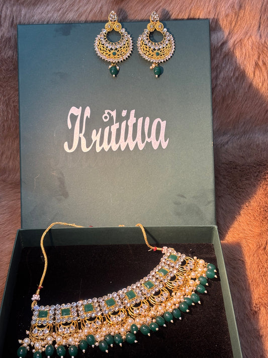 CRAFTED WITH STYLE HEAVY ,GREEN AND SILVER STONE TRADITIONAL  NECKLACE SET