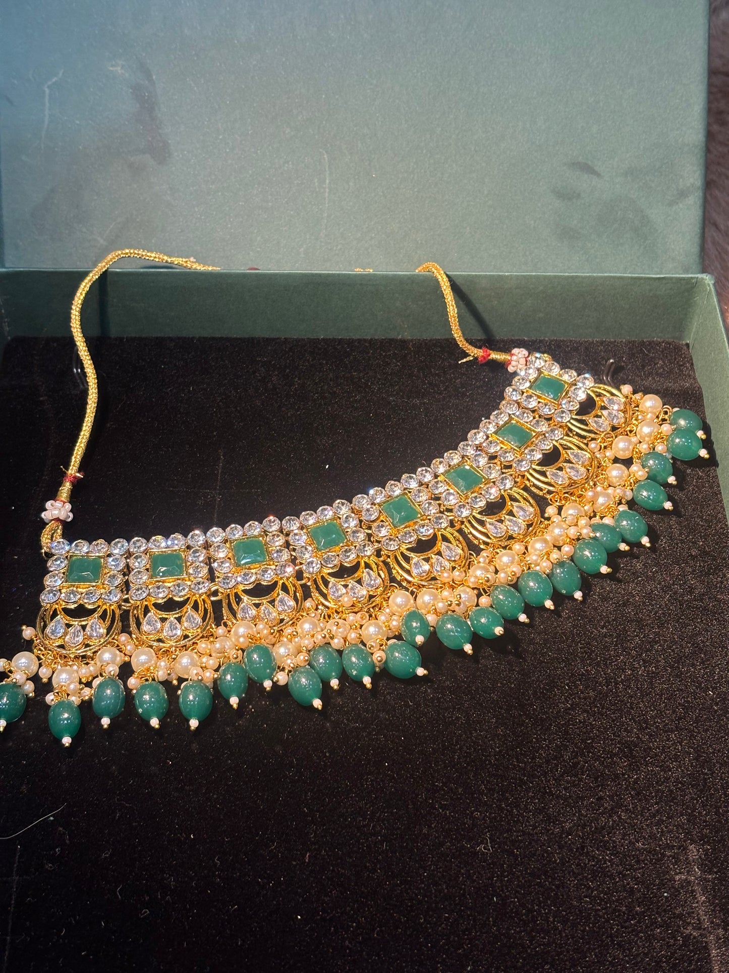 CRAFTED WITH STYLE HEAVY ,GREEN AND SILVER STONE TRADITIONAL  NECKLACE SET