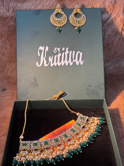 CRAFTED WITH STYLE HEAVY ,GREEN AND SILVER STONE TRADITIONAL  NECKLACE SET