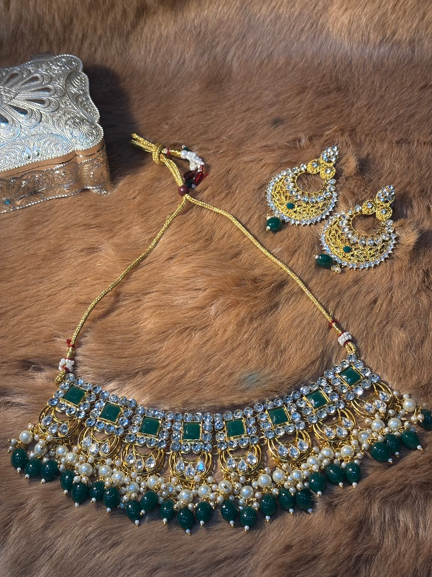CRAFTED WITH STYLE HEAVY ,GREEN AND SILVER STONE TRADITIONAL  NECKLACE SET