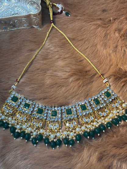 CRAFTED WITH STYLE HEAVY ,GREEN AND SILVER STONE TRADITIONAL  NECKLACE SET
