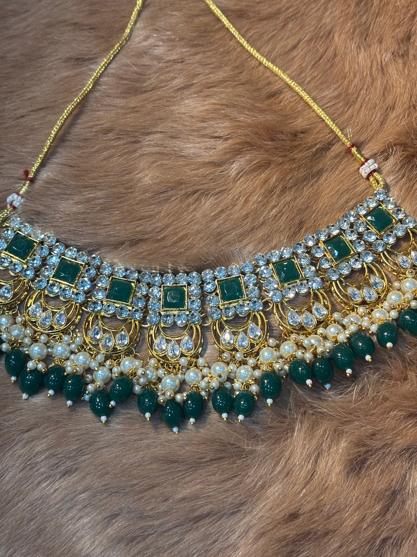 CRAFTED WITH STYLE HEAVY ,GREEN AND SILVER STONE TRADITIONAL  NECKLACE SET