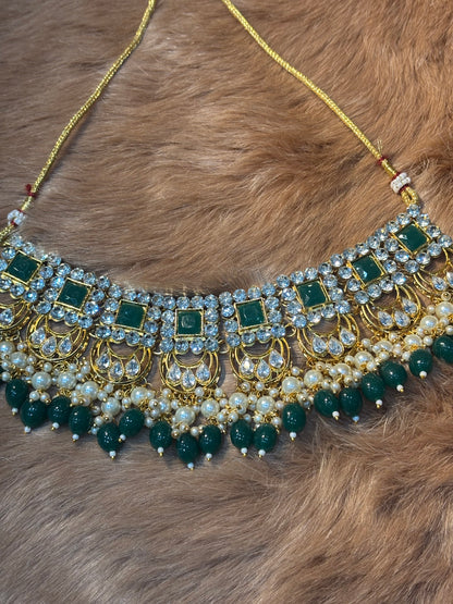 CRAFTED WITH STYLE HEAVY ,GREEN AND SILVER STONE TRADITIONAL  NECKLACE SET
