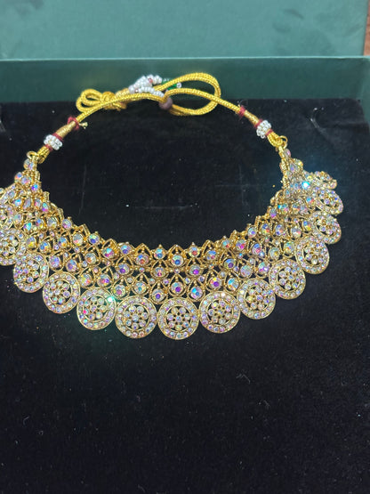 BEAUTIFUL GOLDEN SILVER STONE WORK CHOKAR WITH EARRING AND TIKA