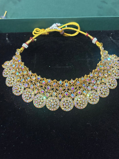 BEAUTIFUL GOLDEN SILVER STONE WORK CHOKAR WITH EARRING AND TIKA