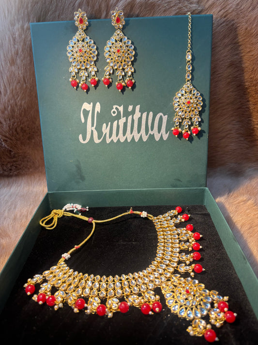 GOLDEN AND SILVER  KUNDAN AND STONE WORK , BEAUTIFUL CHOKER SET WITH RED BEADS