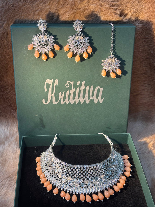 SILVER STONE BEAUTIFULLY DESIGNED ,CHOKER SET WITH  PEACH PINK HANGING BEADSC