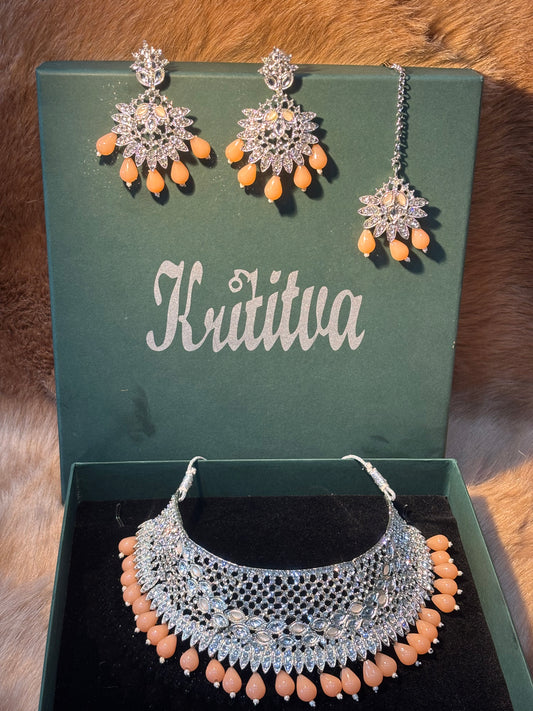 SILVER STONE BEAUTIFULLY DESIGNED ,CHOKER SET WITH  PEACH PINK HANGING BEADSC