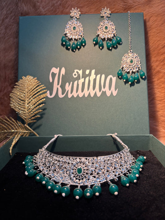 GREEN AND SILVER STONE WITH  GREEN HANGING BEADS CHOKAR SET