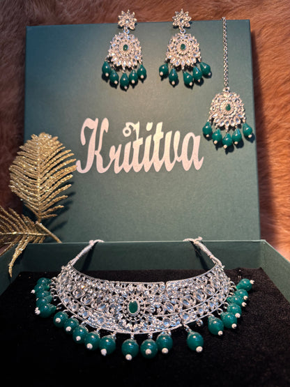 GREEN AND SILVER STONE WITH  GREEN HANGING BEADS CHOKAR SET