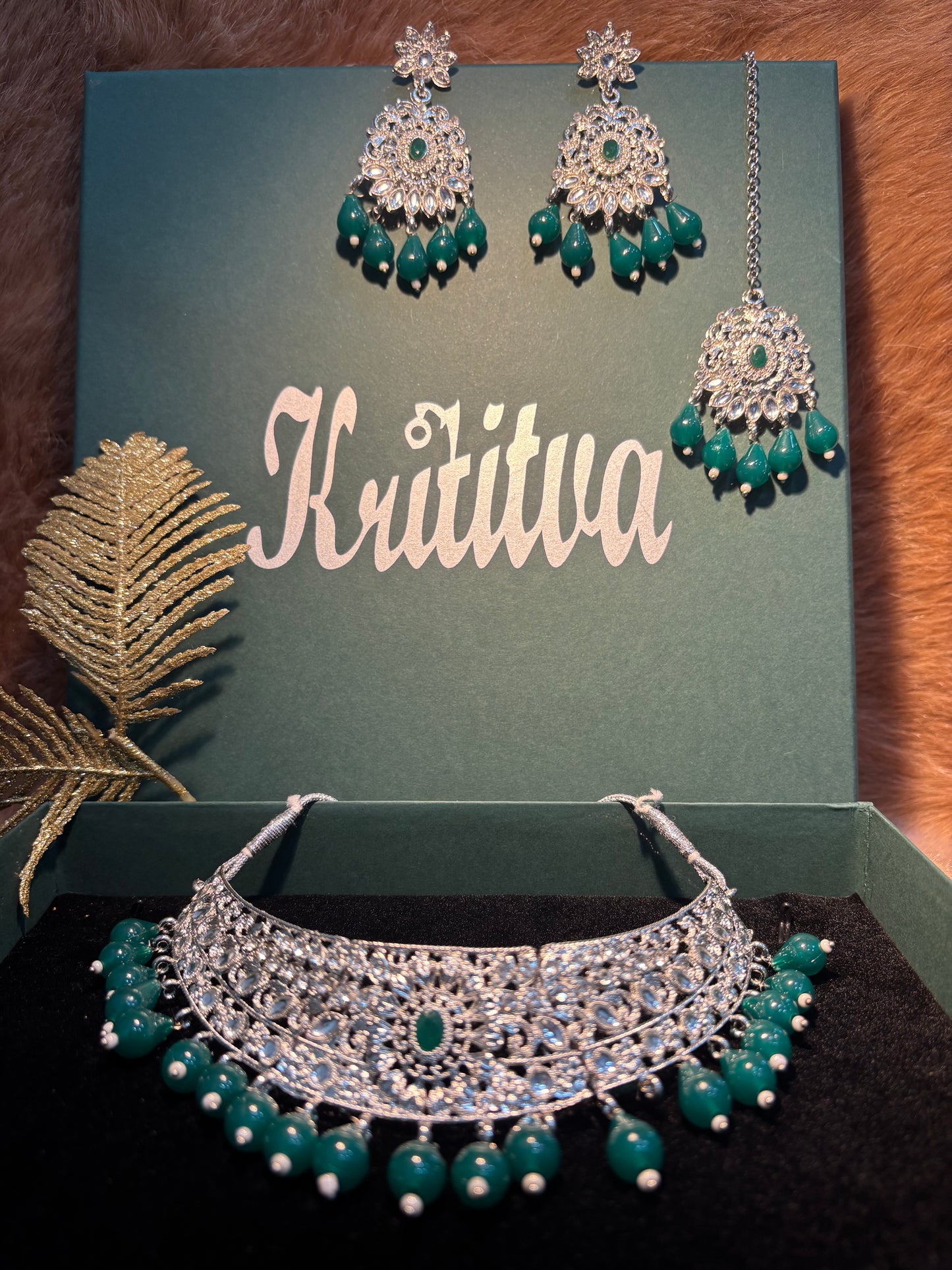 GREEN AND SILVER STONE WITH  GREEN HANGING BEADS CHOKAR SET