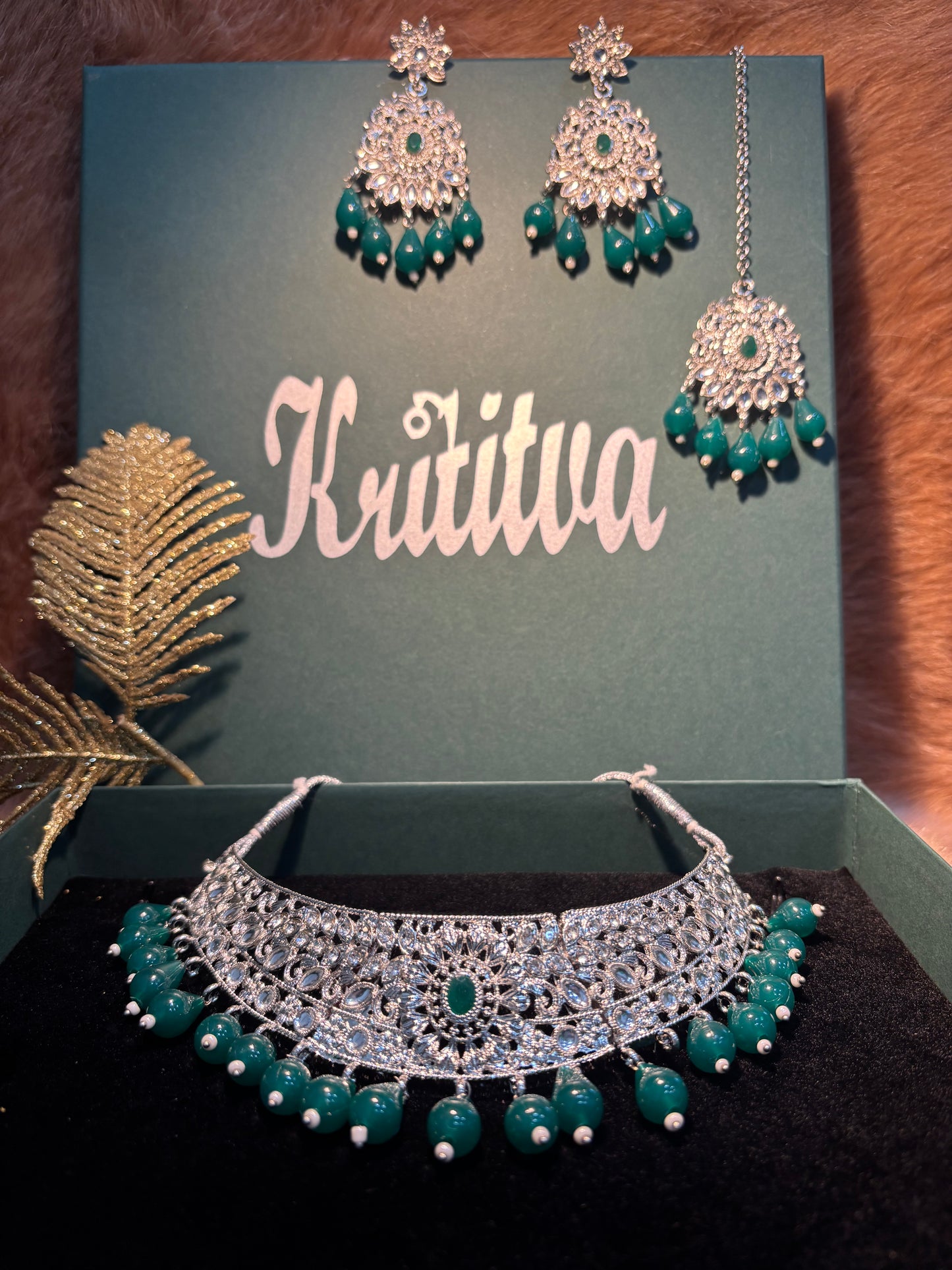 GREEN AND SILVER STONE WITH  GREEN HANGING BEADS CHOKAR SET