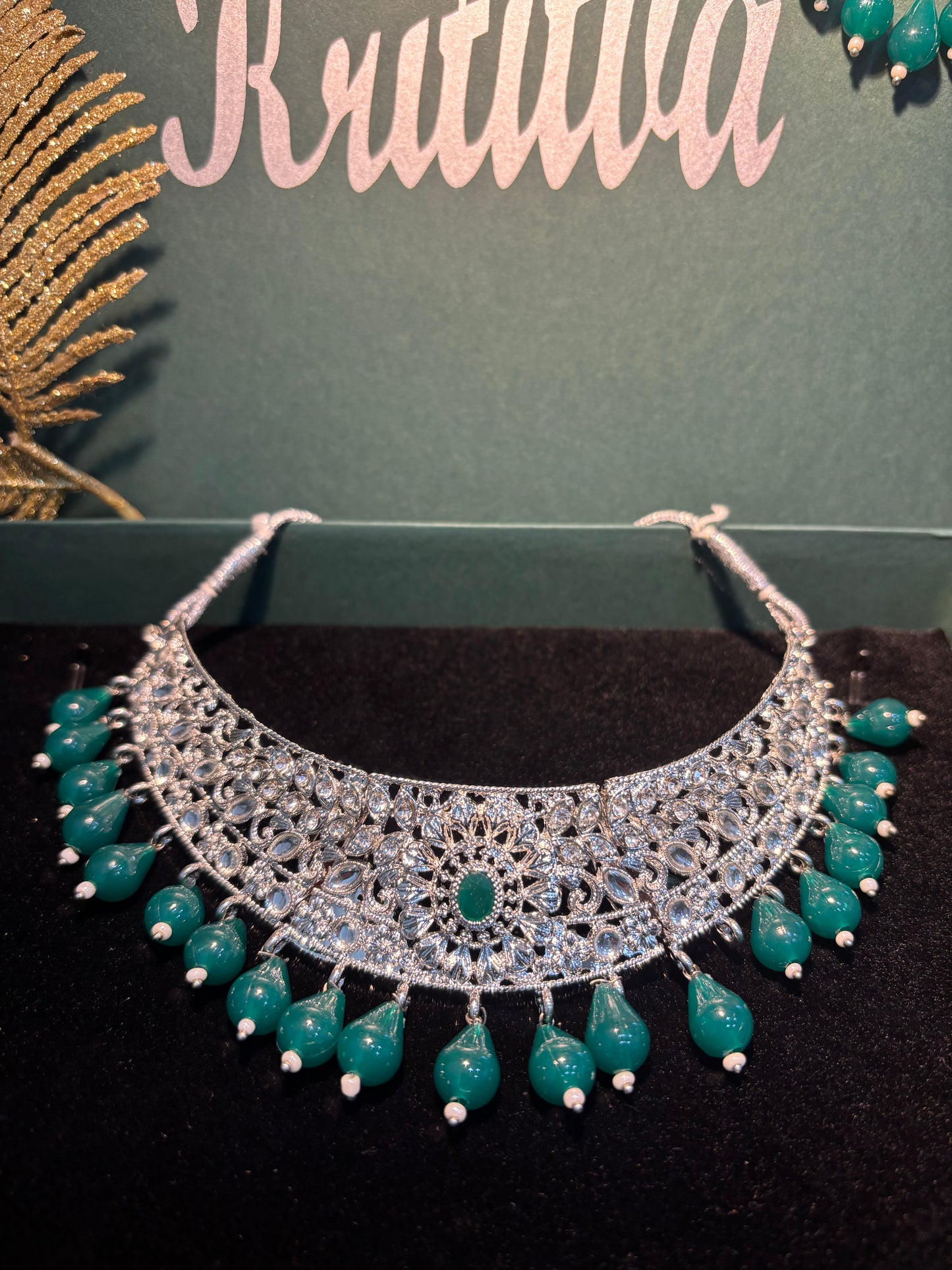 GREEN AND SILVER STONE WITH  GREEN HANGING BEADS CHOKAR SET