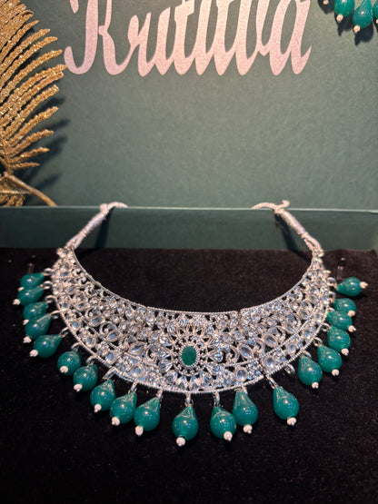 GREEN AND SILVER STONE WITH  GREEN HANGING BEADS CHOKAR SET