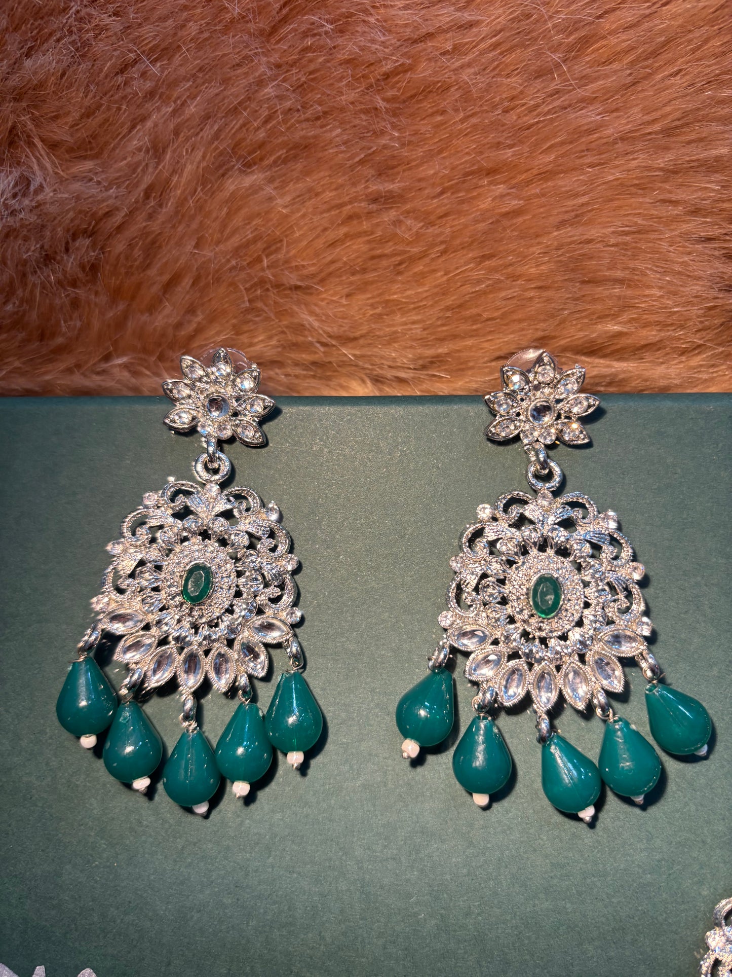 GREEN AND SILVER STONE WITH  GREEN HANGING BEADS CHOKAR SET