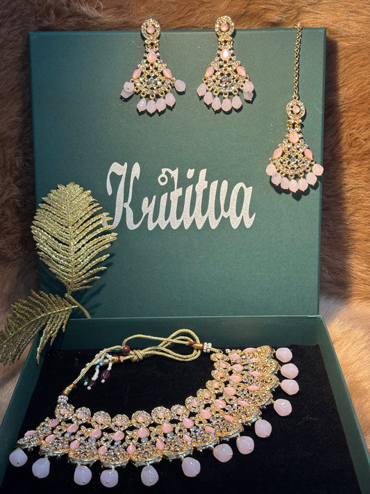 ENCHANTING GOLDEN AND  PINK STONE BEAUTIFULLY CRAFTED CHOKAR SET