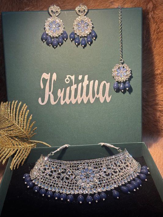 BEAUTIFUL FLORAL WORK WITH STONE IN SILVER AND BLUE SHADE CHOKER SET