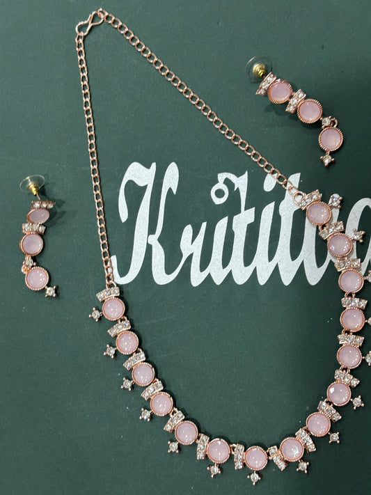 CHARMING ROSEGOLD NECKLACE SET WITH FLAMINGO PINK STONE WORK