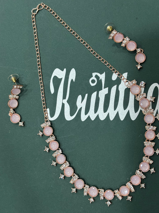 CHARMING ROSEGOLD NECKLACE SET WITH FLAMINGO PINK STONE WORK