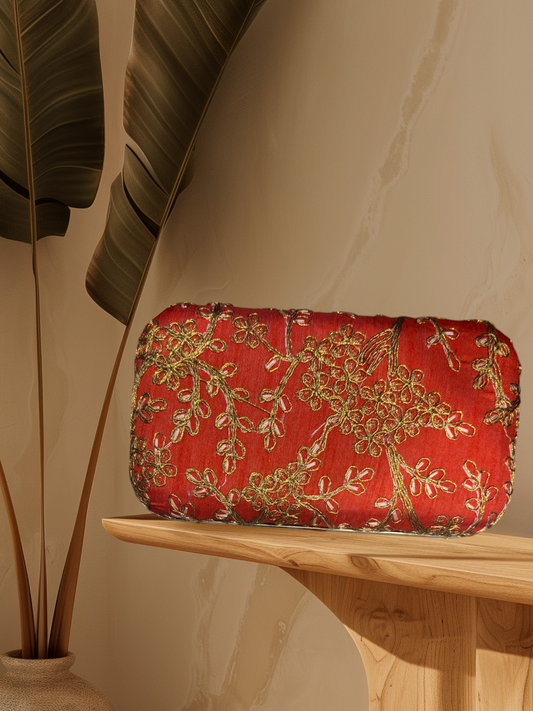 EMBROIDERED WITH ZARI BEL WORK WEDDING CLUTCH  IN ORANGE COLOUR
