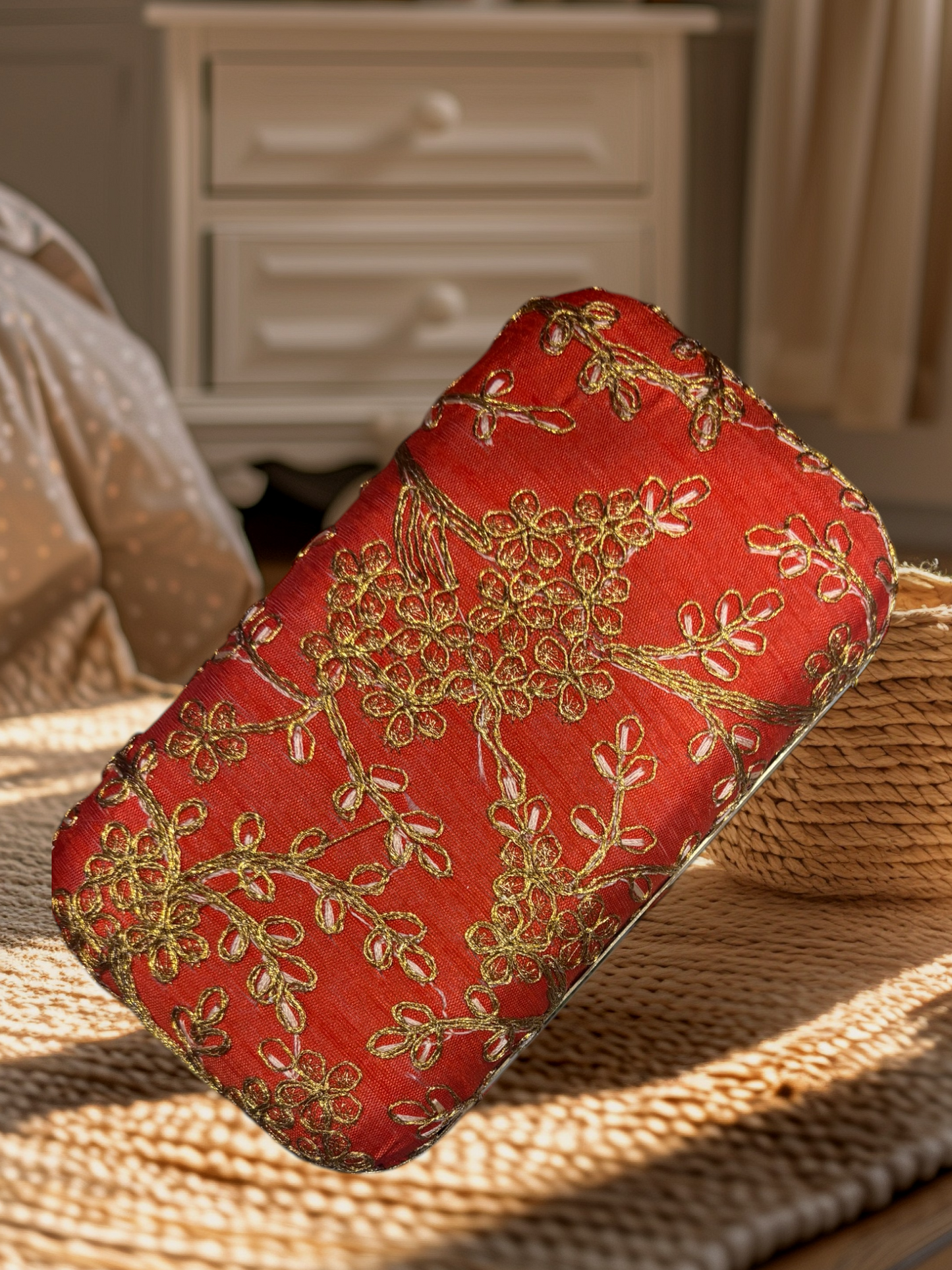 EMBROIDERED WITH ZARI BEL WORK WEDDING CLUTCH  IN ORANGE COLOUR
