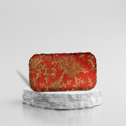 EMBROIDERED WITH ZARI BEL WORK WEDDING CLUTCH  IN ORANGE COLOUR