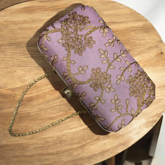 EMBROIDERED WITH ZARI BEL WEDDING CLUTCH IN LAVENDER PINK COLOUR