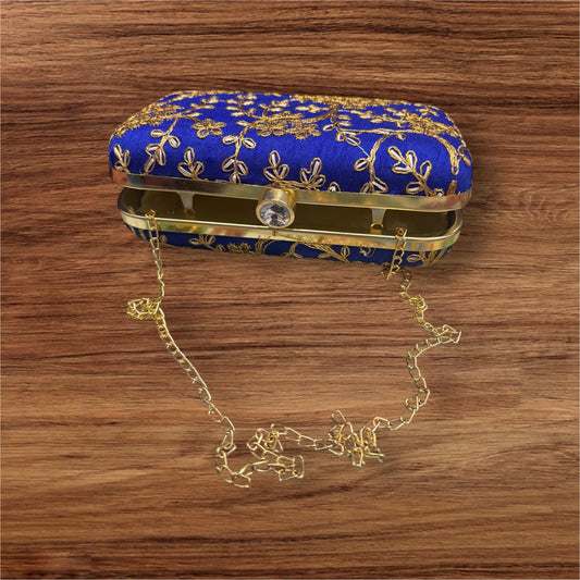 EMBROIDERED WITH ZARI BEIL WORK ON  WEDDING CLUTCH IN ROYAL BLUE COLOUR
